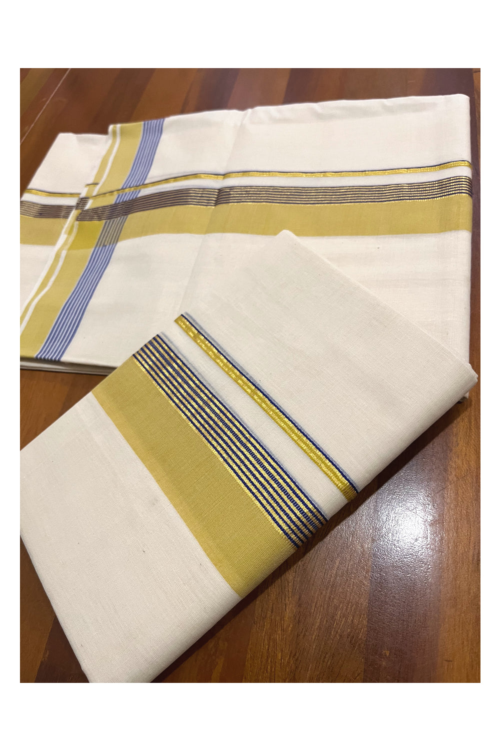 Southloom Premium Handloom Single Set Mundu (Mundum Neriyathum) with Yellow Blue and Kasavu Border 2.70 Mtrs