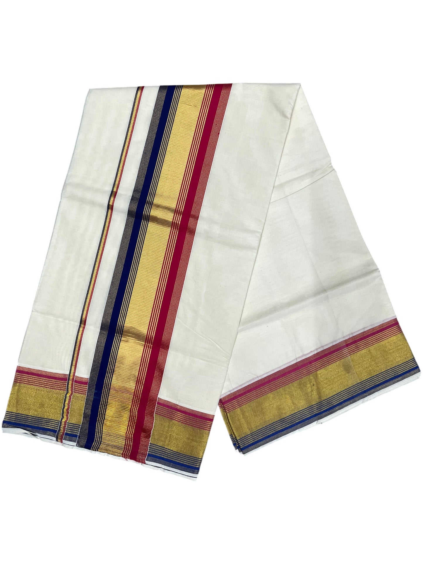 Southloom Kerala Cotton Kasavu Saree with Blue And Pink Border