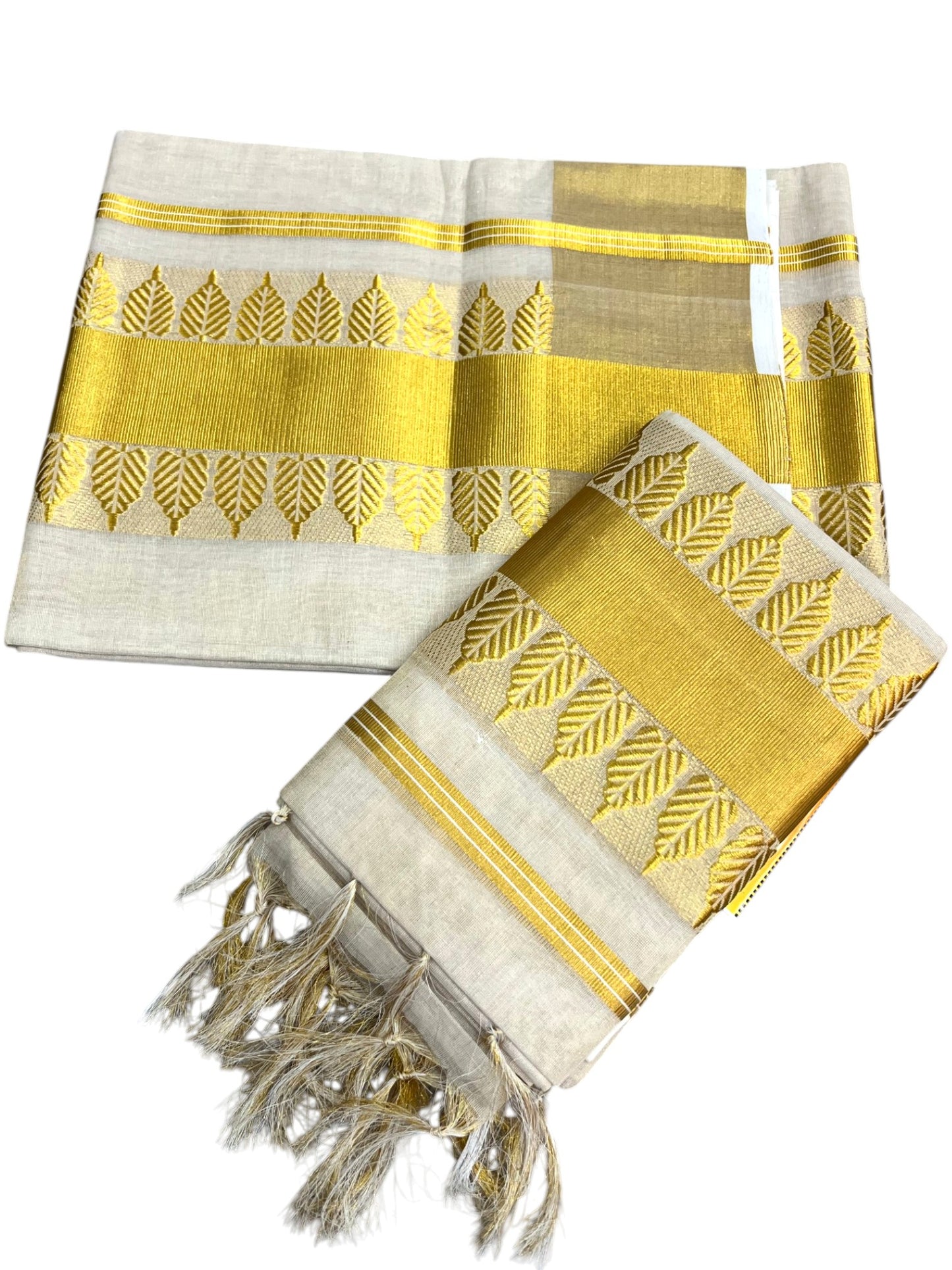 Southloom Premium Tissue Handloom Set Mundu with Leaf Design Kasavu Border (2.80 Mtr) SL632