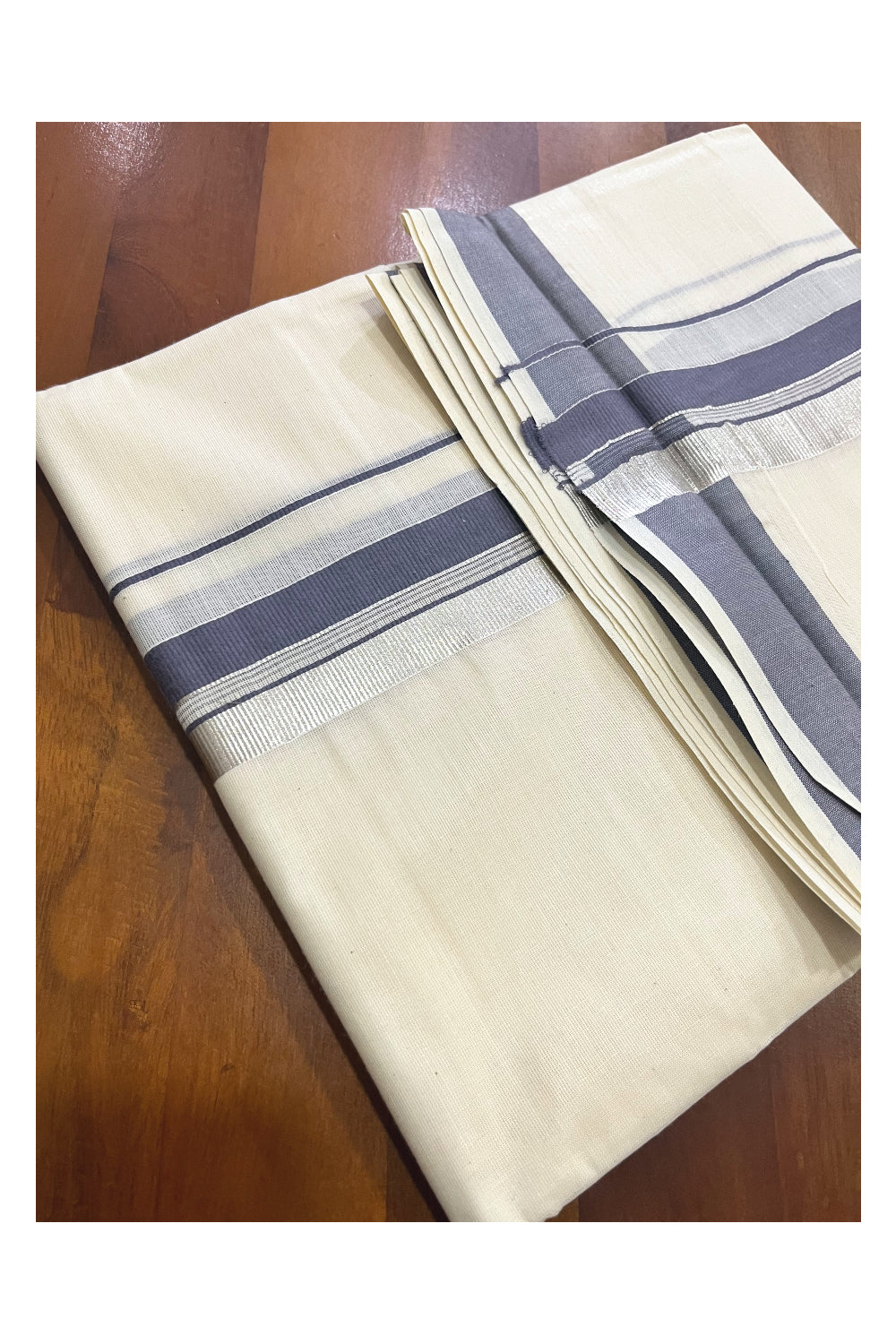 Off White Kerala Cotton Double Mundu with Silver Kasavu and Grey Border (South Indian Kerala Dhoti)