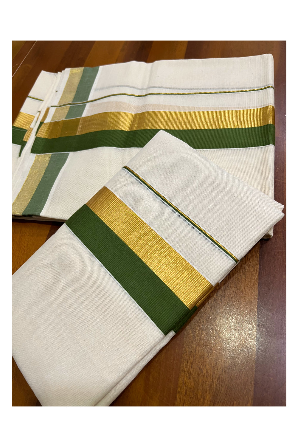 Kerala Cotton Set Mundu (Mundum Neriyathum) with Olive Green and Kasavu Border 2.80 Mtrs