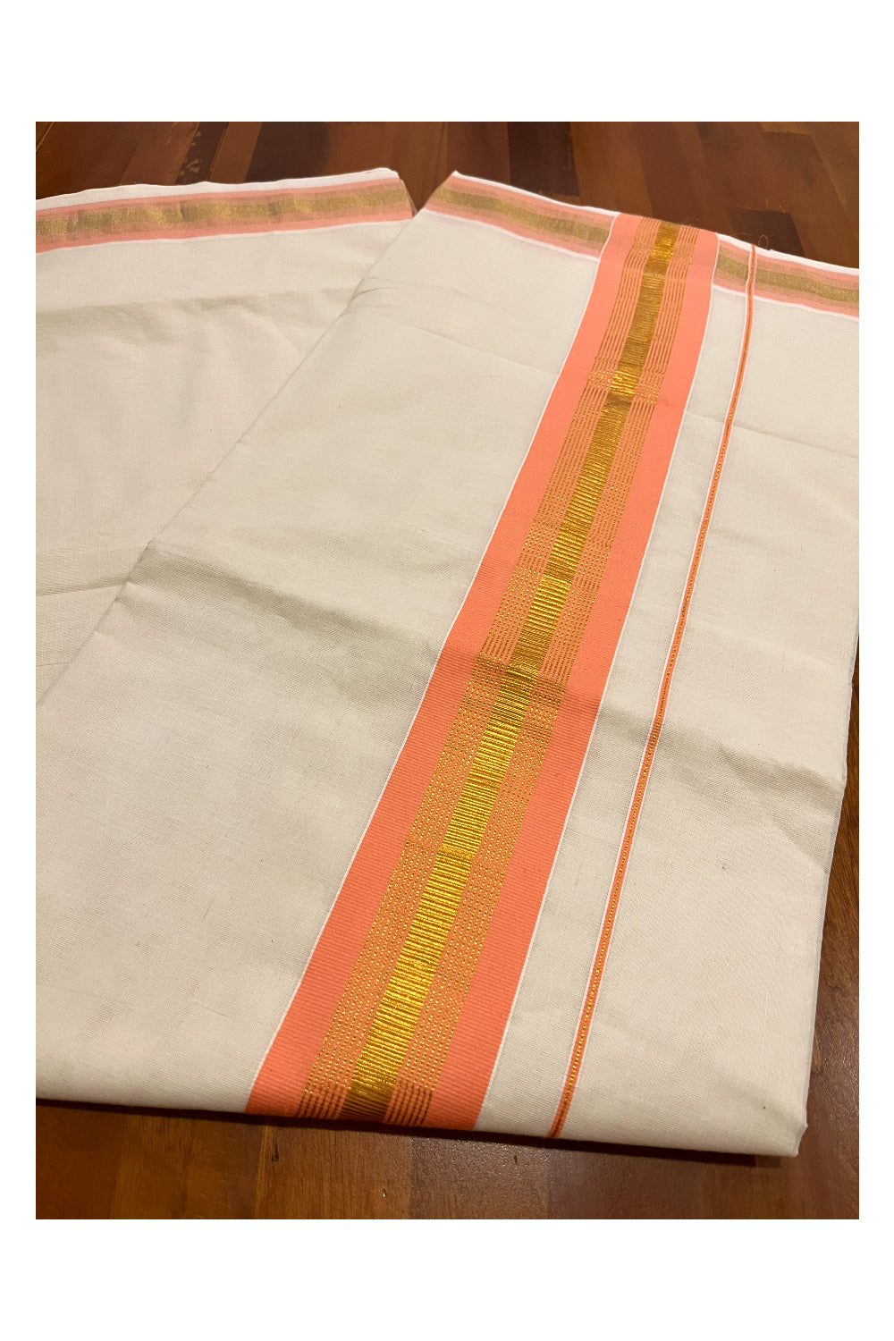 Cotton Kerala Plain Saree with Kasavu and Peach Border