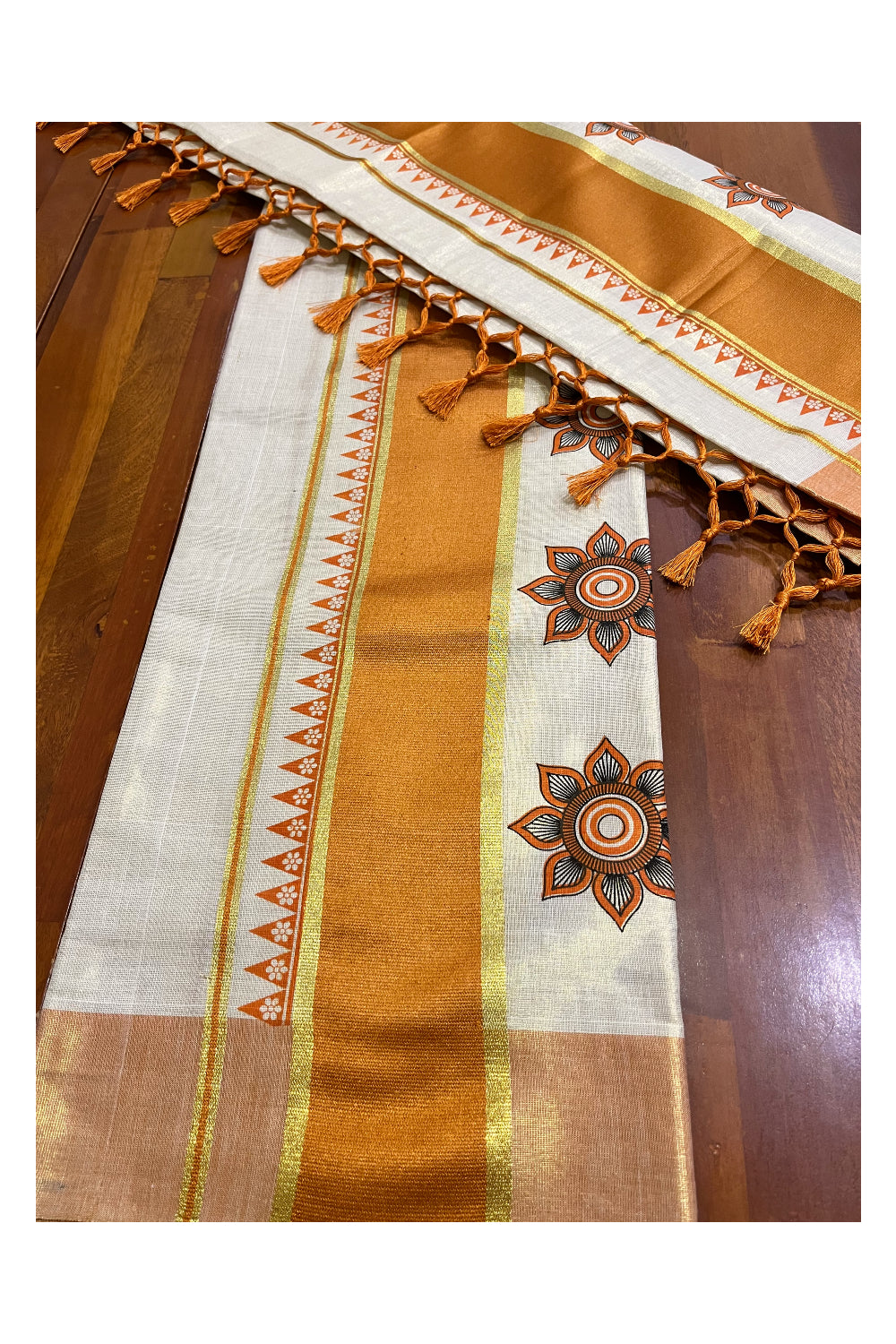 Kerala Tissue Single Set Mundu (Mundum Neriyathum) with Block Prints and Orange Border 2.80 Mtrs (Vishu 2024 Collection)