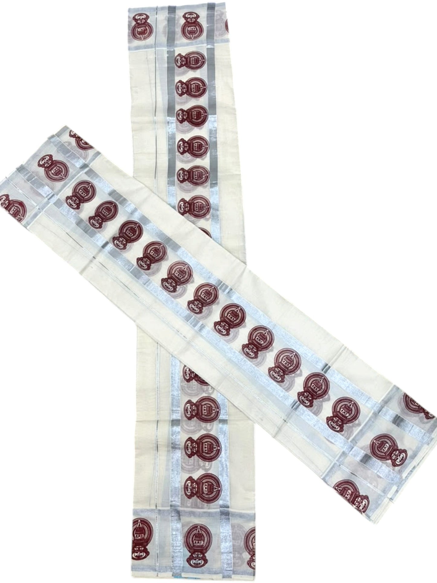 Southloom Pure Cotton Kerala Single Set Mundu (Mundum Neriyathum) with Maroon Printed And Silver Border 2.80 Mtrs