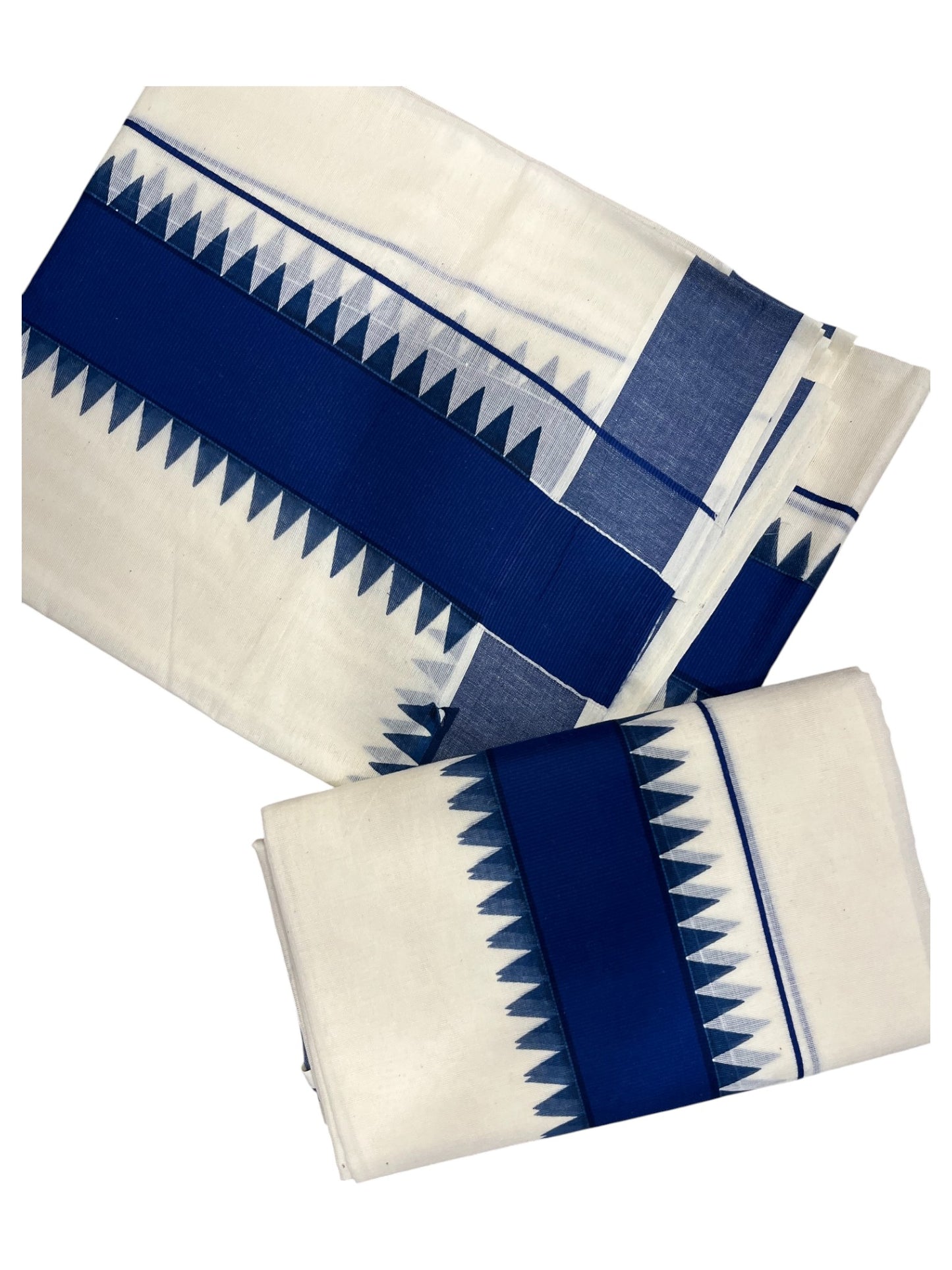 Kerala Pure Cotton Set Mundu Single (Mundum Neriyathum) with Blue Temple Border 2.80 Mtrs