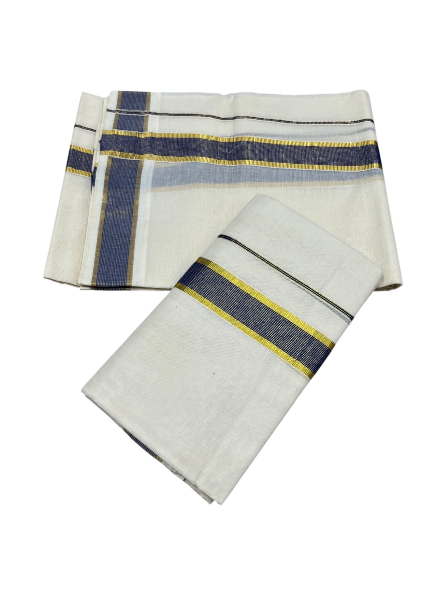 Southloom Pure Cotton Kerala Kasavu Set Mundu (Mundum Neriyathum) Kasavu & Blue Border in 2.80 Mtrs