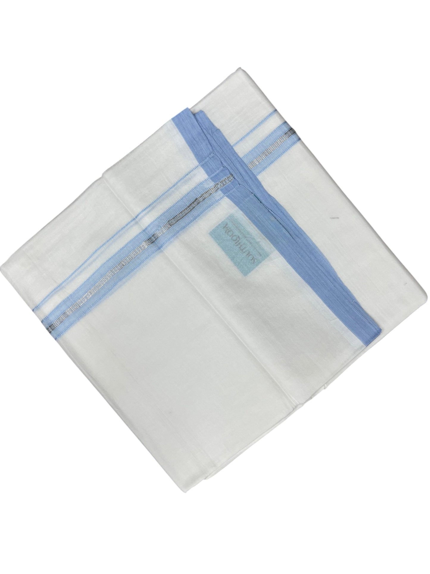 Southloom Pure White Cotton Mundu with Blue & Silver Line Border (South Indian Kerala Dhoti)