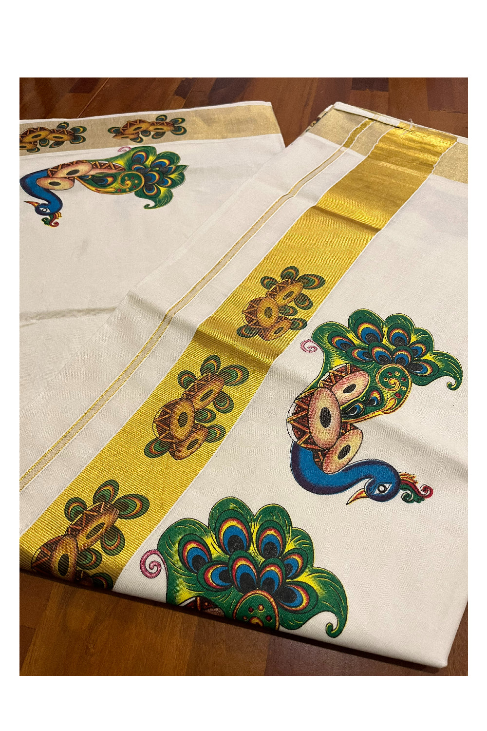 Pure Cotton Kerala Kasavu Saree with Peacock Mural Printed Design