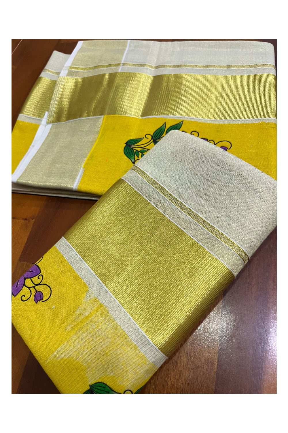 Kerala Tissue Single Set Mundu (Mundum Neriyathum) with Violet Floral Block Prints in Yellow Border 2.80 Mtrs (Onam 2024 Collection)