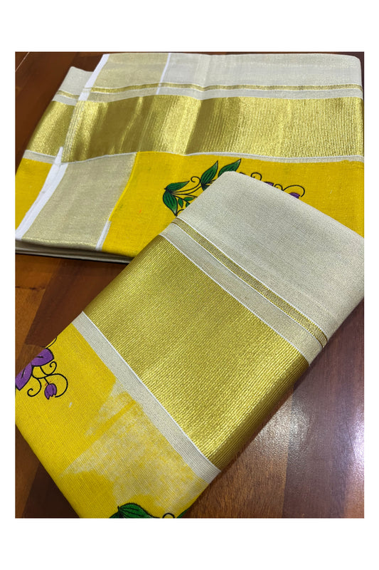 Kerala Tissue Single Set Mundu (Mundum Neriyathum) with Violet Floral Block Prints in Yellow Border 2.80 Mtrs (Vishu 2024 Collection)
