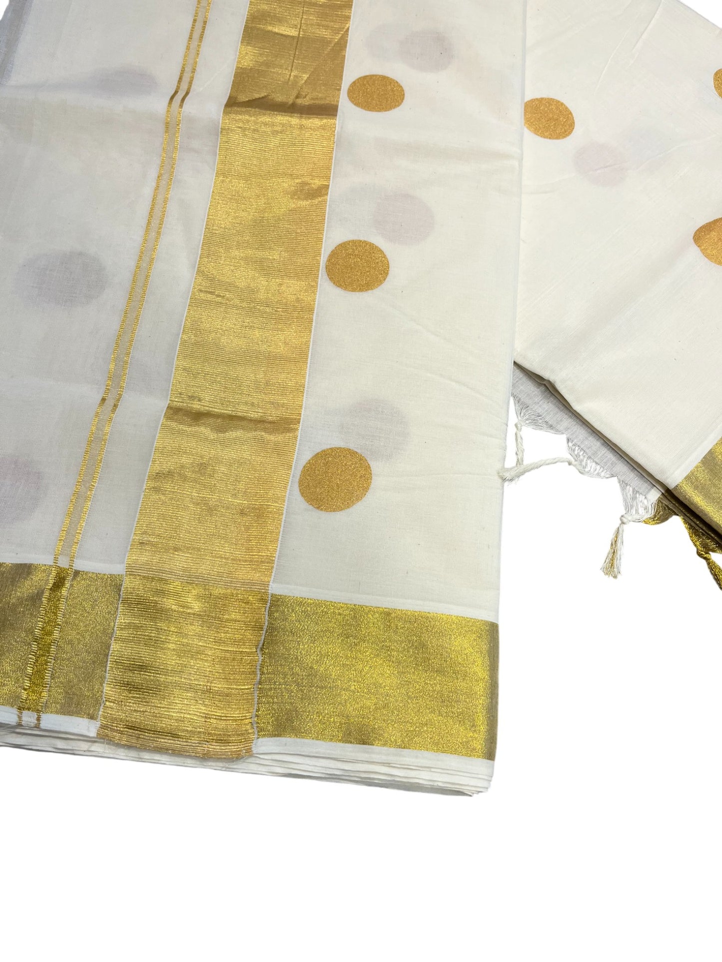 Southloom Kerala Cotton Kasavu Saree with Polka Dots Across Body