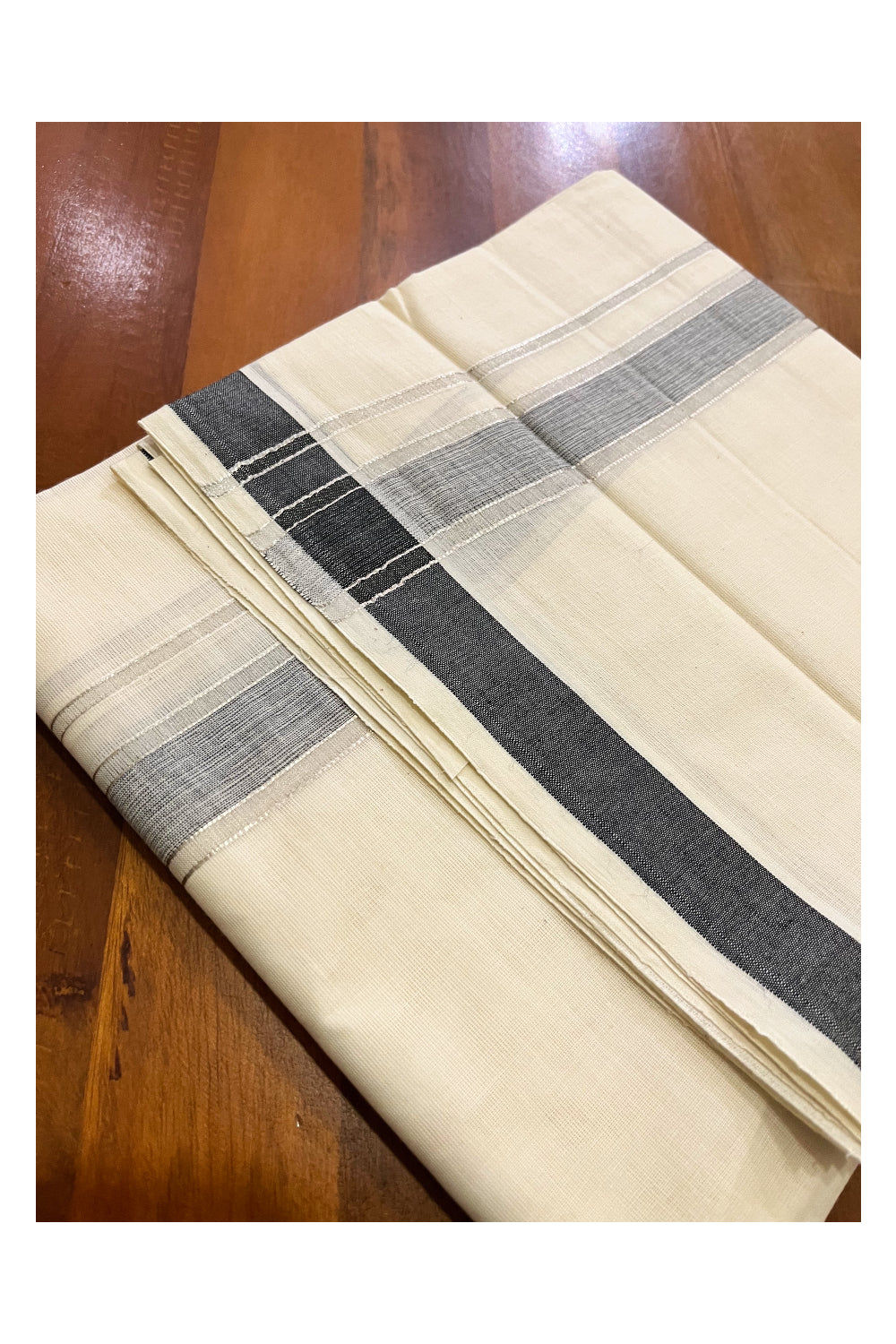 Pure Cotton Kerala Double Mundu with Silver Kasavu and Black Border (South Indian Kerala Dhoti)