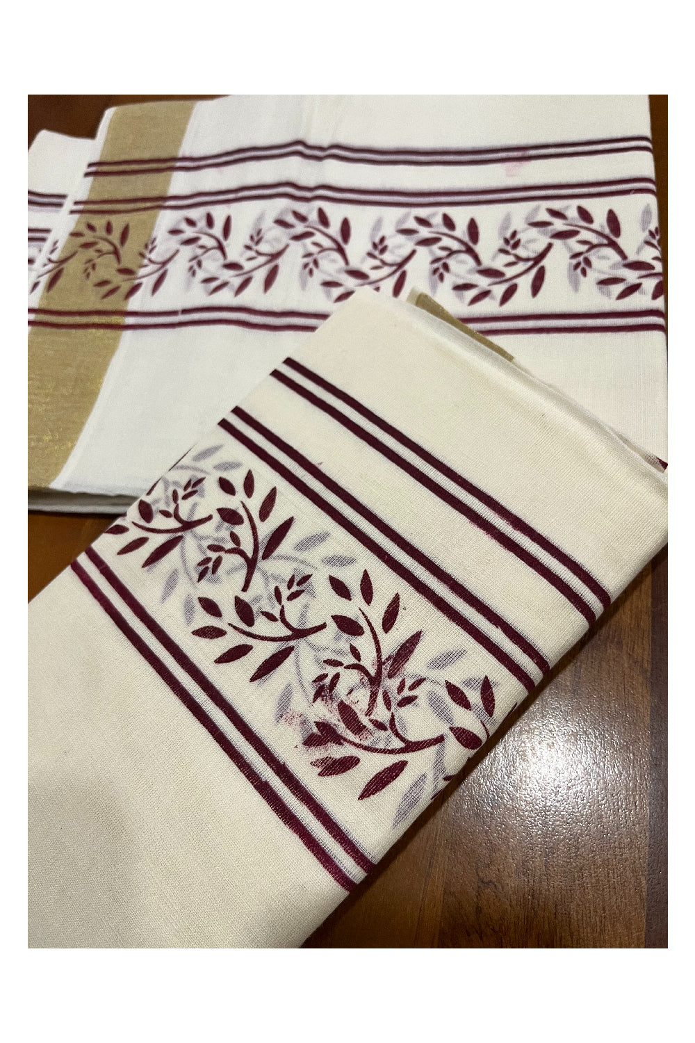 Cotton Kerala Single Set Mundu with Maroon Floral Block Prints