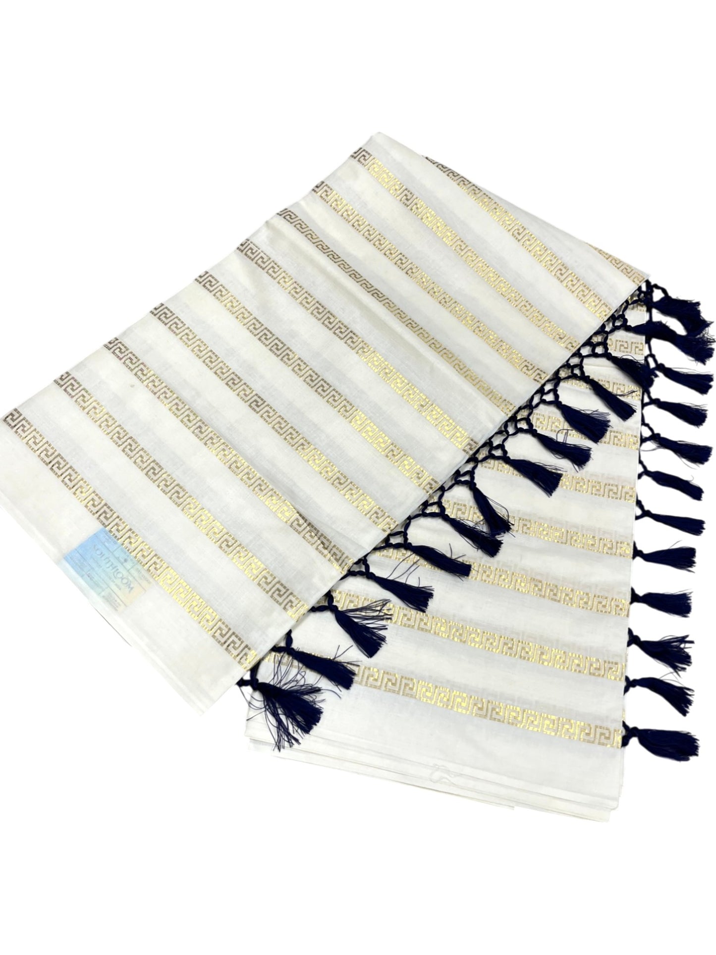 Southloom Cotton Kerala Kasavu Saree with Stripes on Body and Blue Tussels