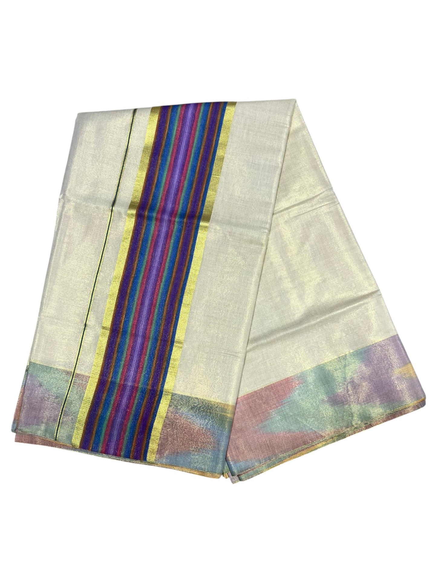 Southloom Kerala Tissue Kasavu Saree with Multi Colour Pochampally Design on Borders and Kara