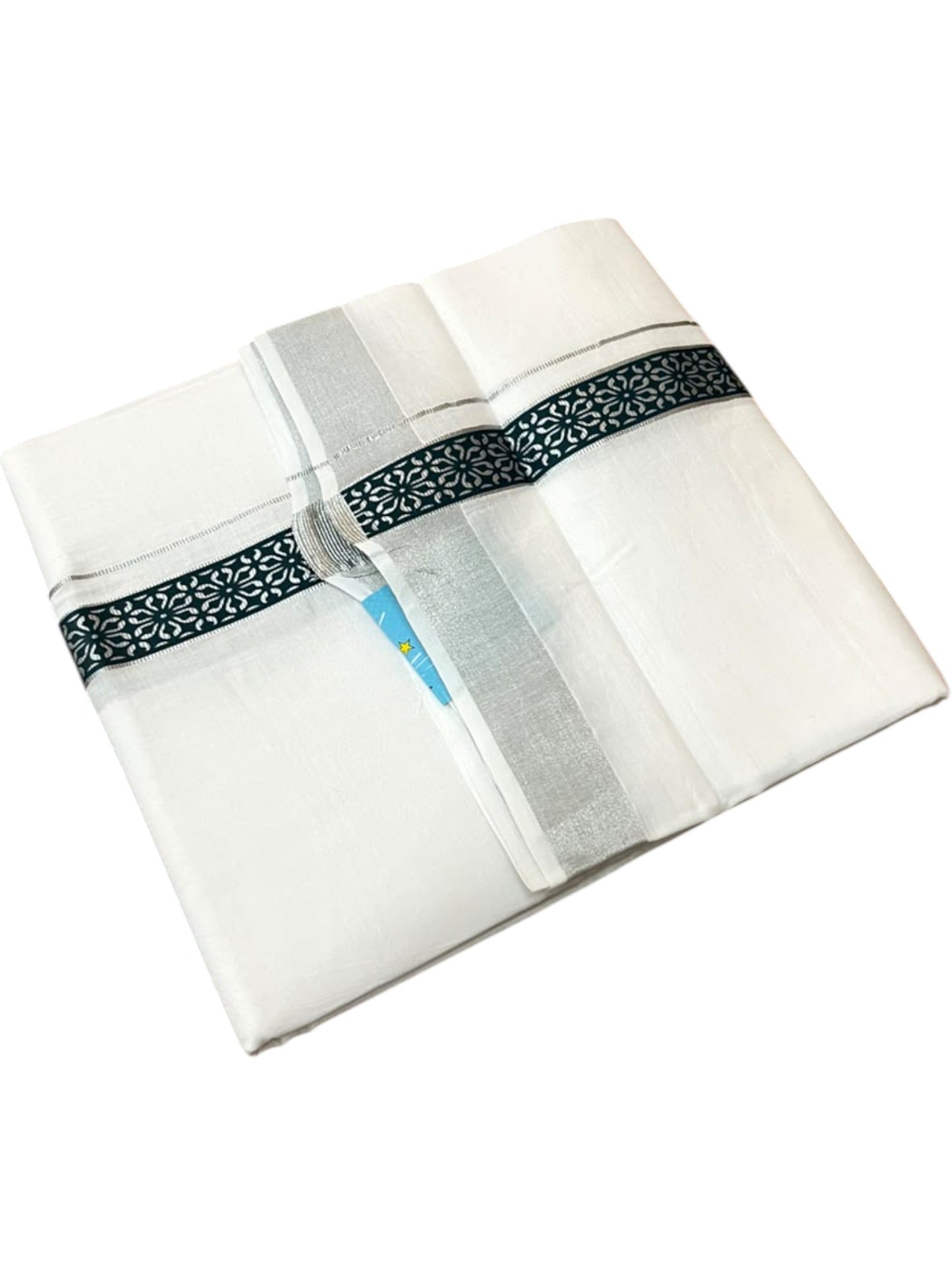 Southloom Pure White Cotton Mundu with Dark Green and Silver Kasavu Border (South Indian Kerala Dhoti)