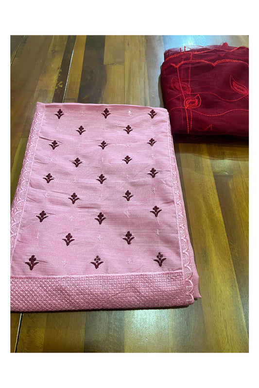 Southloom™ Semi Tussar Churidar Salwar Suit Material in Redish Pink with Thread Works on Yoke