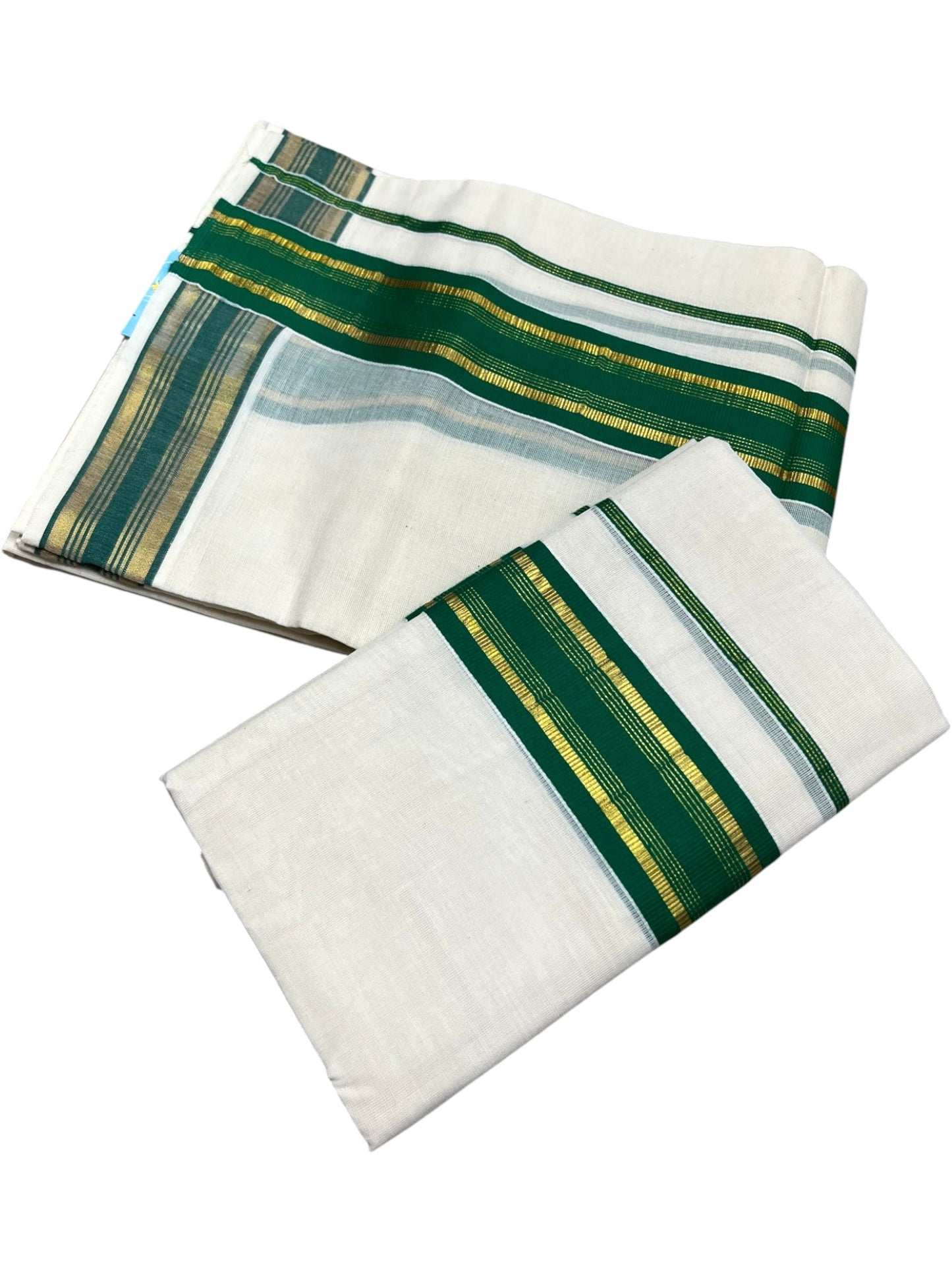 Southloom Kerala Cotton Kasavu Single Set Mundu (Mundum Neriyathum) with Green Kasavu Border SLKK