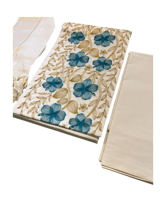 Southloom™ Cotton Churidar Salwar Suit Material with  Blue Embroidery Work (include Lines Shawl / Dupatta)