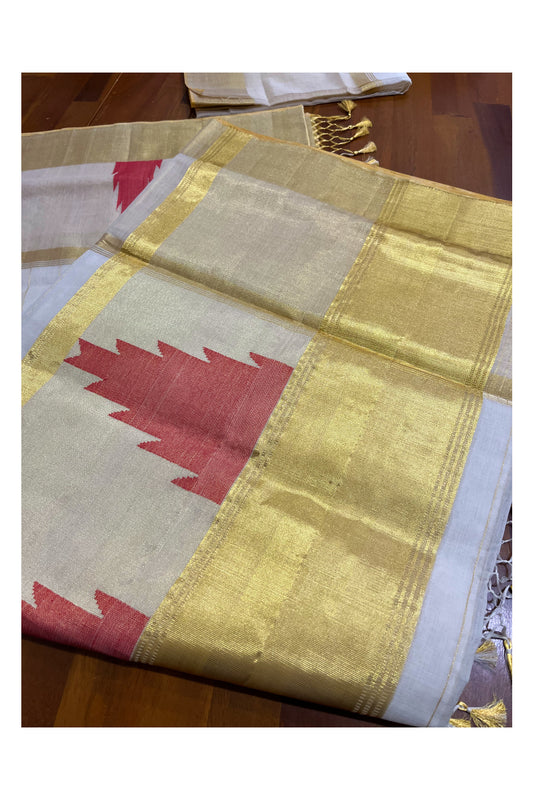 Southloom Super Premium Balaramapuram Unakkupaavu Handloom Kasavu Saree with Red Temple Woven Designs