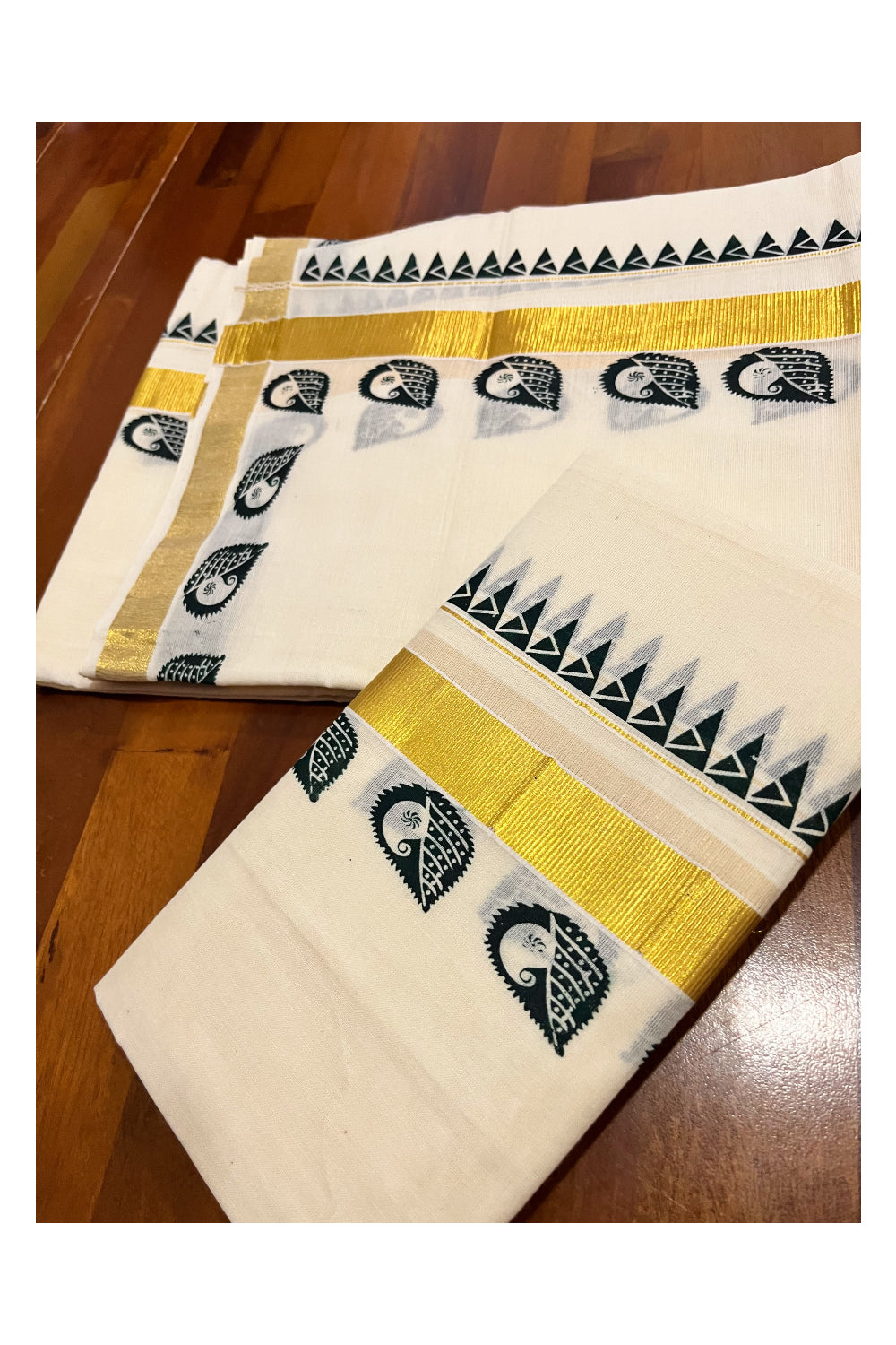 Kerala Pure Cotton Kasavu Set Mundu Single (Mundum Neriyathum) with Dark Green Block Prints and Temple Border 2.80 Mtrs