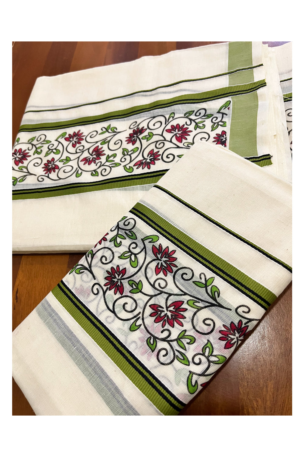 Kerala Cotton Set Mundu Single (Mundum Neriyathum) with Light Green Floral Block Printed Border