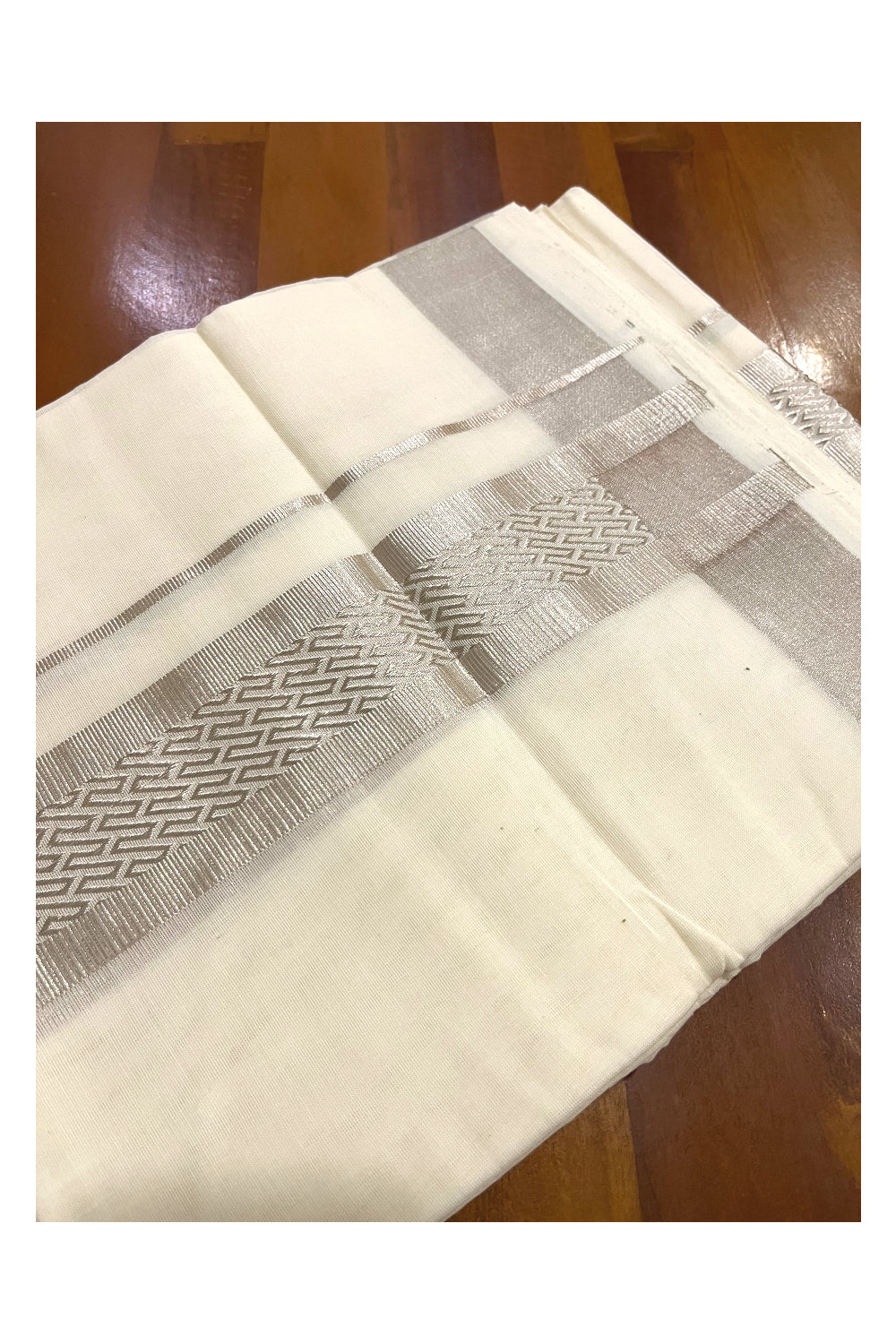 Southloom Premium Handloom Pure Cotton Mundu with Silver Kasavu Woven Border (Onam Mundu 2023)