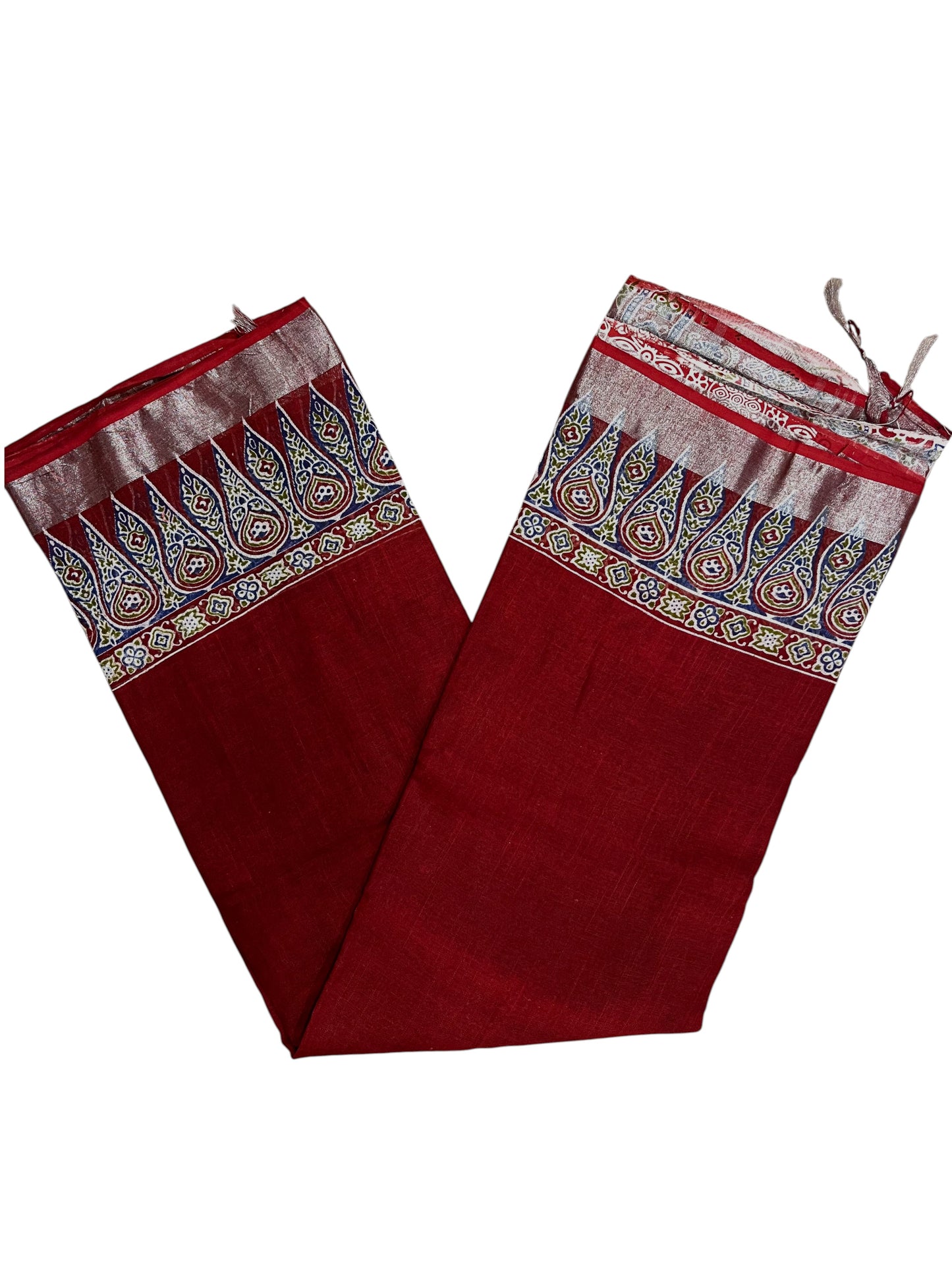 Southloom Ajrakh Hand Block Print Linen Saree in Saffron Maroon Shade (Printed Blouse Included)