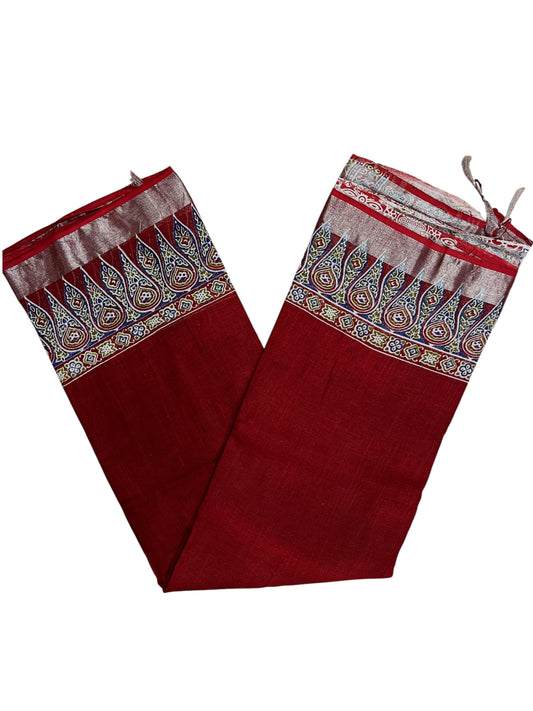 Southloom Ajrakh Hand Block Print Linen Saree in Saffron Maroon Shade (Printed Blouse Included)