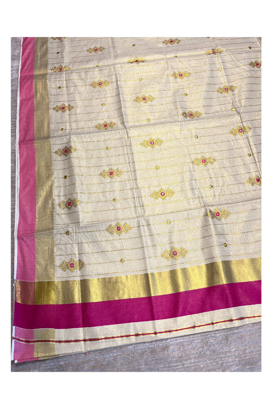 Southloom Kerala Tissue Kasavu Lines Saree with Magenta Embroidery Works