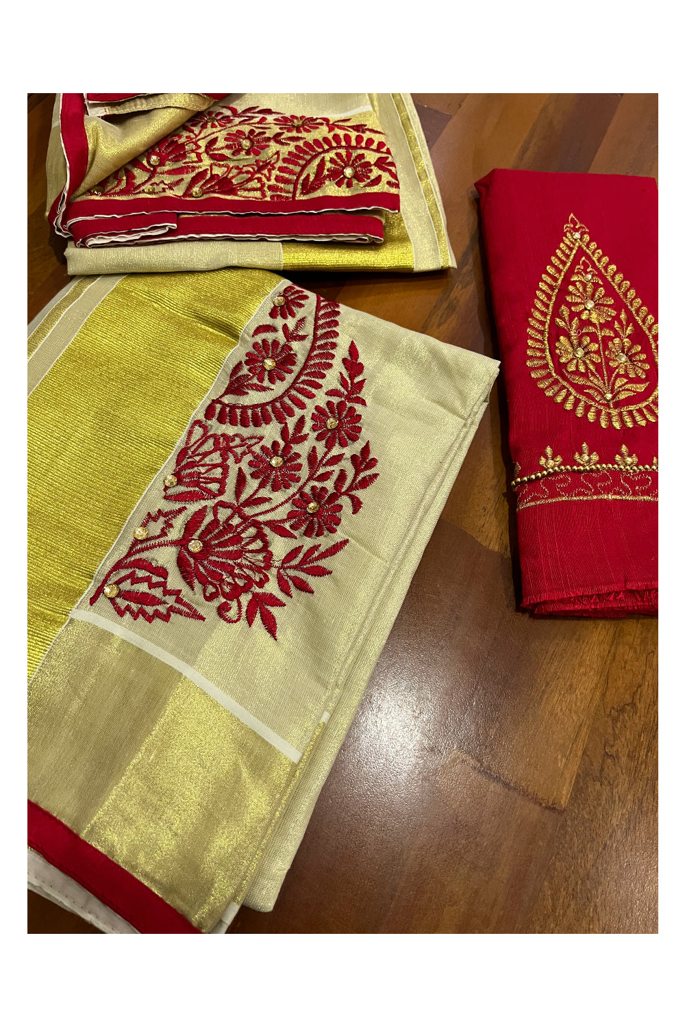 Kerala Tissue Kasavu Set Mundu (Mundum Neriyathum) with Handwork Embroidery Design and Red Blouse Piece