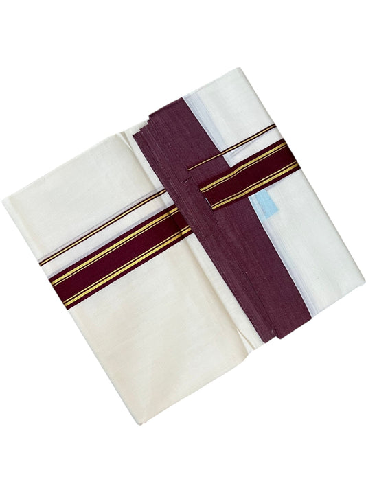 Southloom Pure Cotton Mundu with Golden Lines and Brown Border (South Indian Kerala Dhoti)