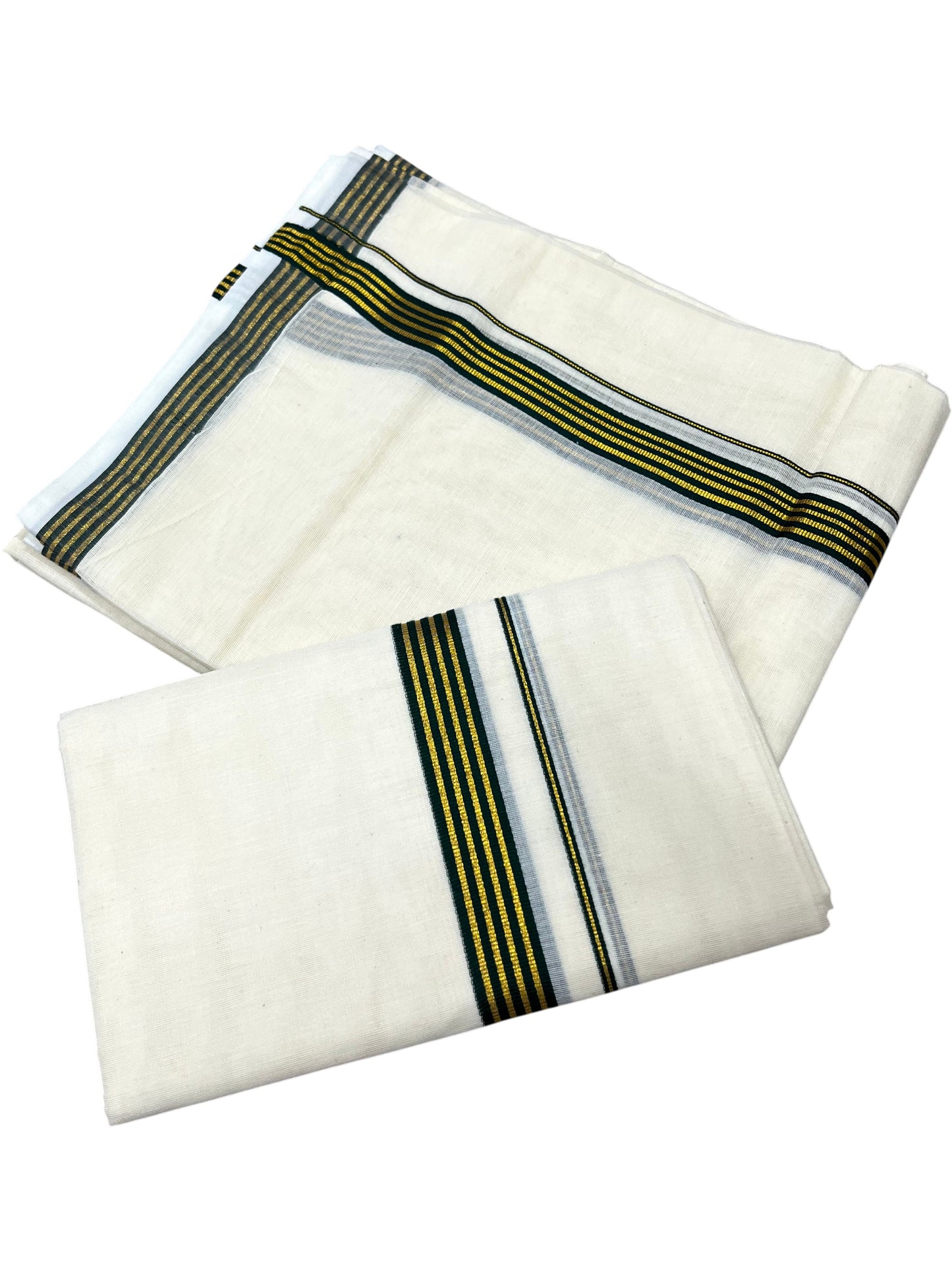 Southloom Pure Cotton Kerala Single Set Mundu (Mundum Neriyathum) with Green Kasavu Border in 2.80 Mtrs