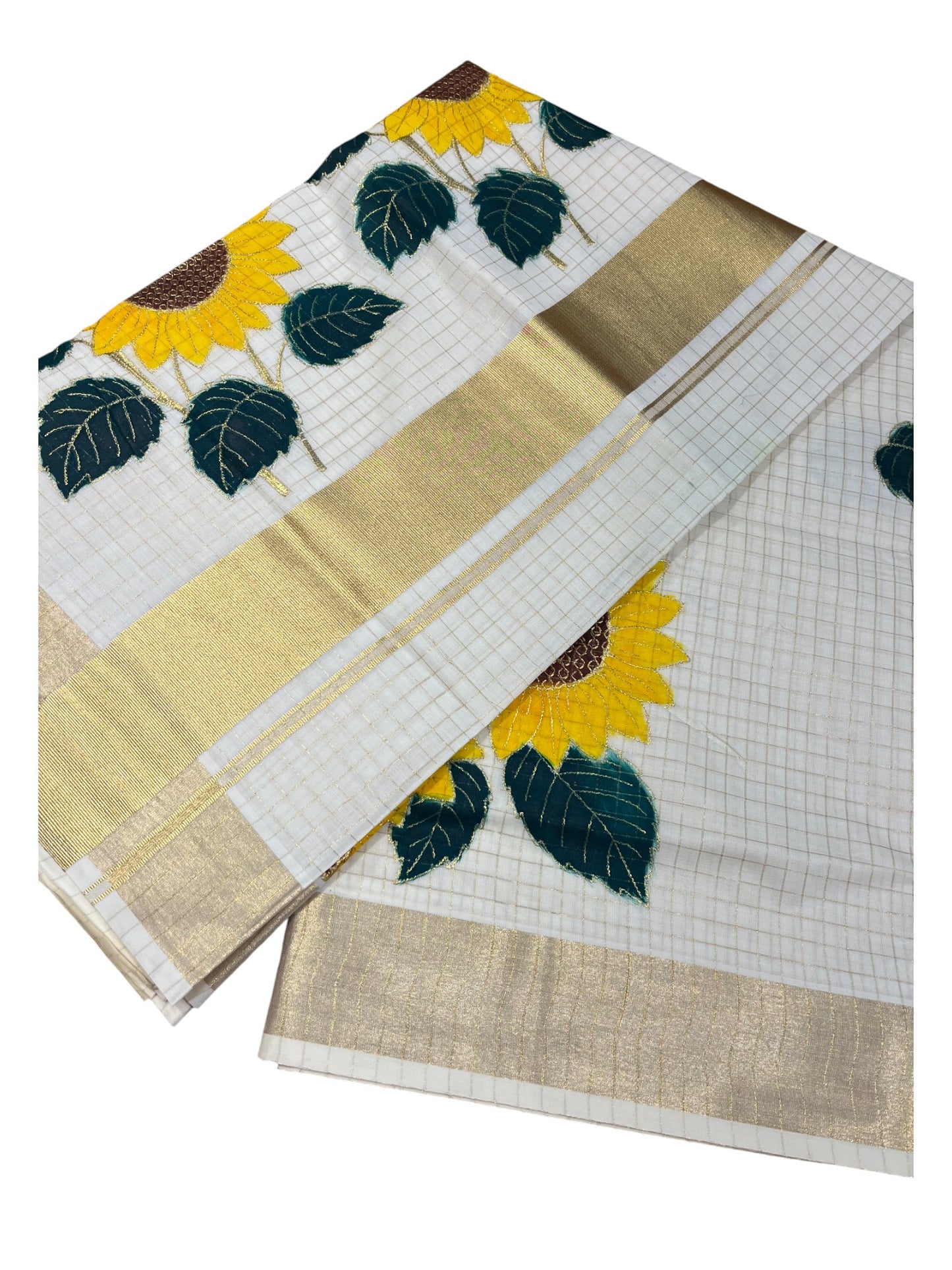 Southloom Kerala Cotton Kasavu Cheack Saree with Embroidery Wor in Yellow Floral Print