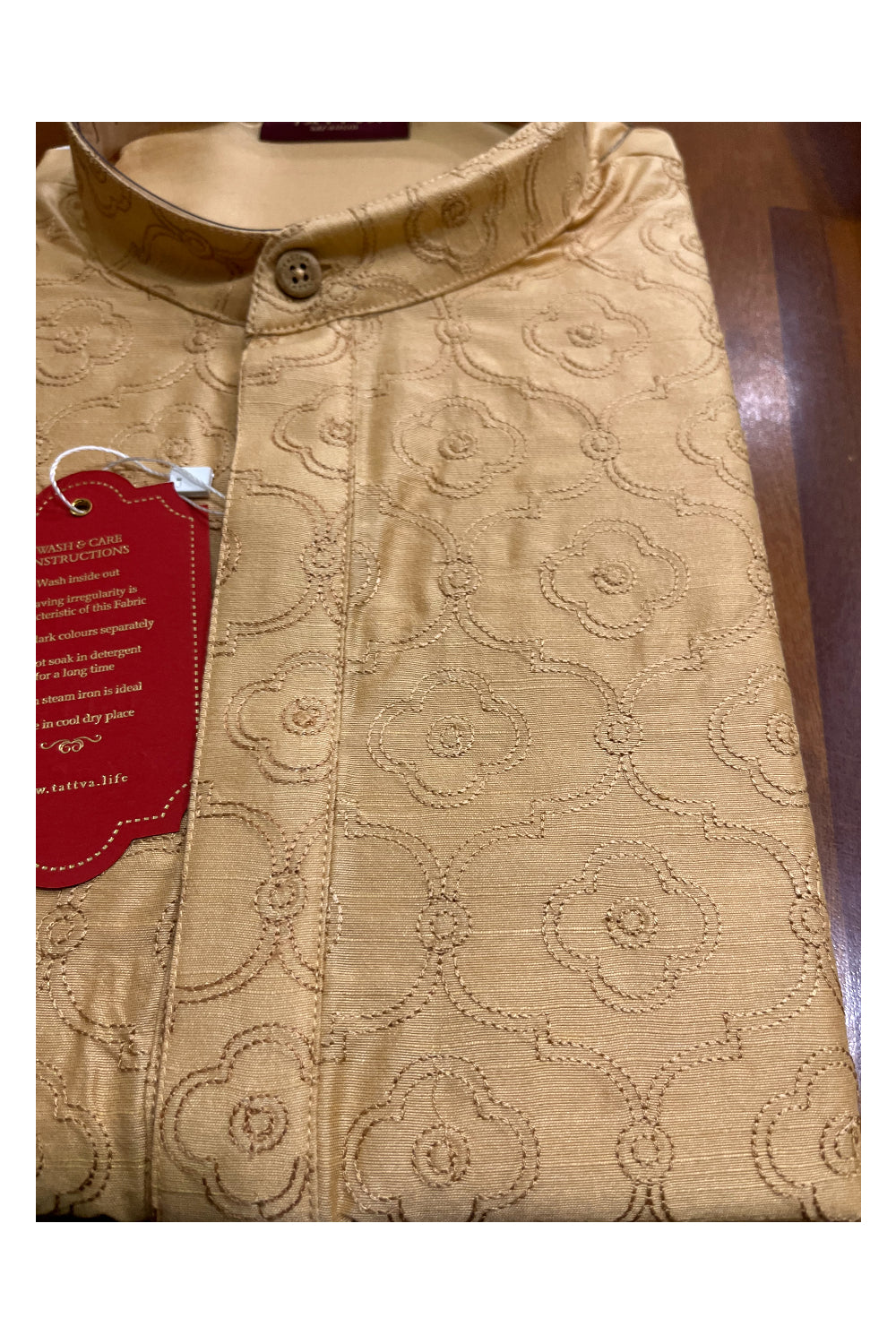 Southloom Light Brown Embroidered Semi Silk Short Kurta for Men