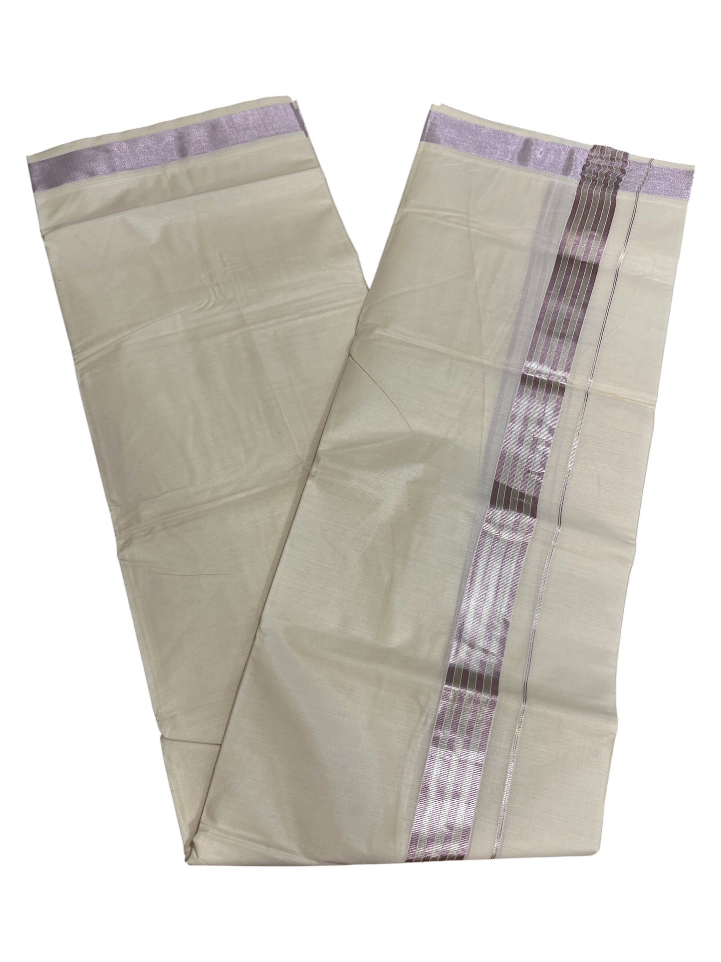 Kerala Cotton Double Mundu with Silver And Rose Copper Lines  Border  (South Indian Dhoti)