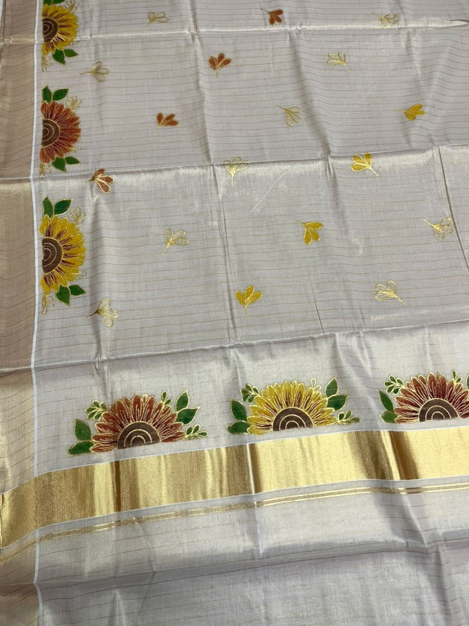 Southloom Kerala Tissue Kasavu Lines Saree with Embroidery Work in Yellow Floral Print