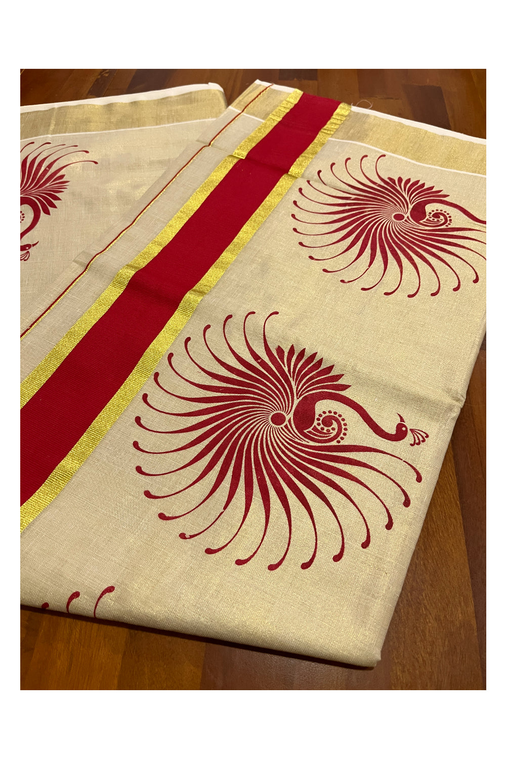 Kerala Tissue Kasavu Saree with Red Block Prints and Kasavu Border