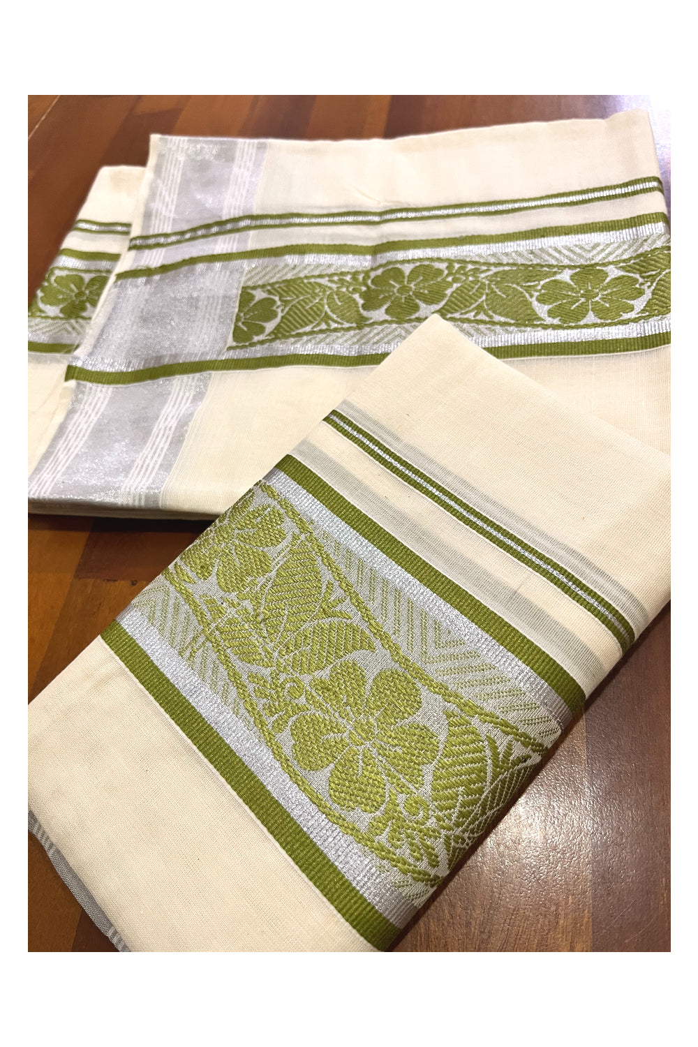 Kerala Cotton Mundum Neriyathum Single (Set Mundu) with Olive Green Floral Woven Designs and Silver Kasavu Border 2.80 Mtrs