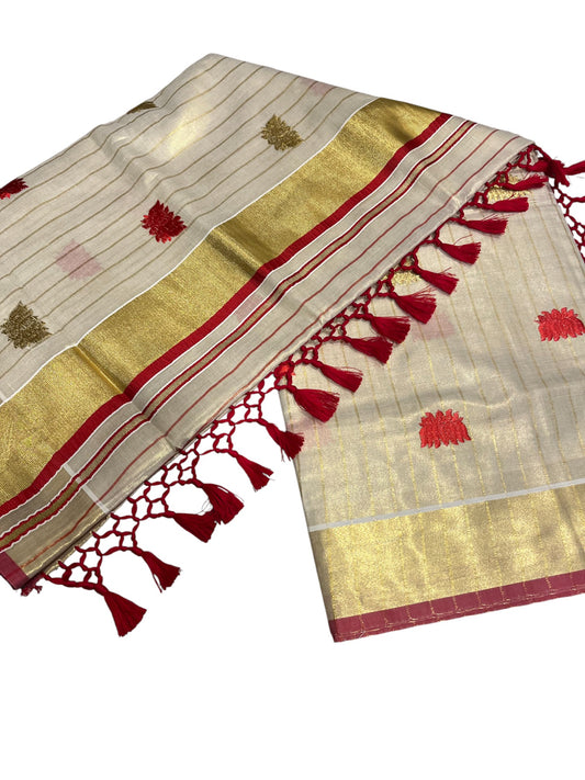 Southloom Kerala Tissue Kasavu Line Saree with Red Lotus Embroidery Works