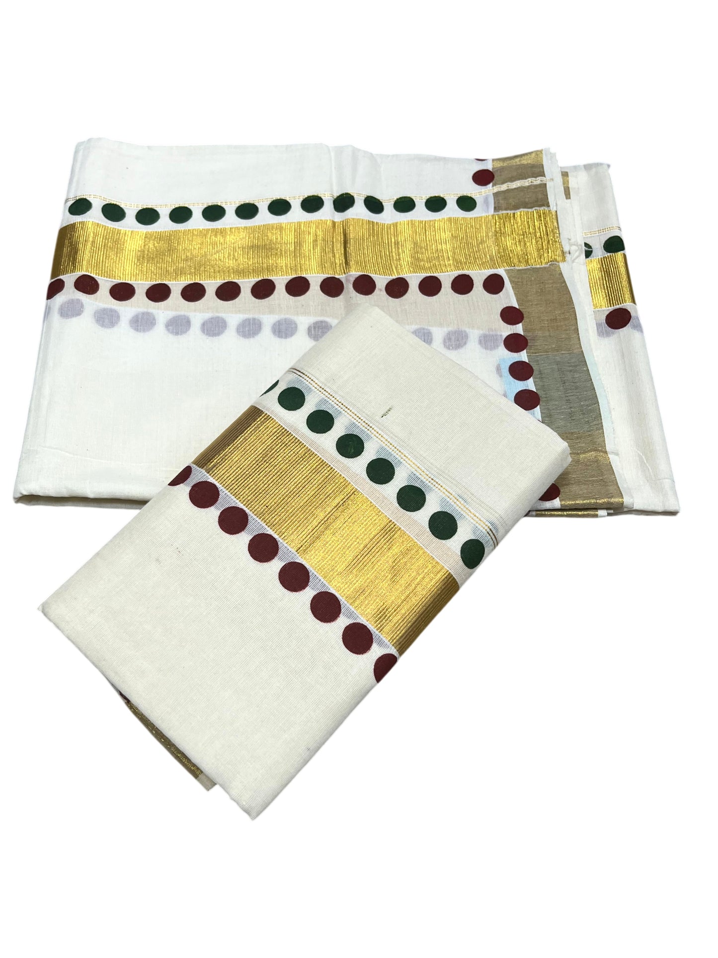 Southloom Kerala Cotton Kasavu Single Set Mundu (Mundum Neriyathum) with Maroon And Green Polka Dots Border SLKK