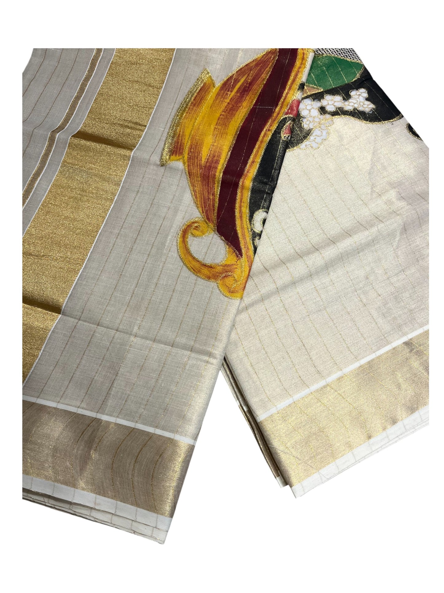 Southloom Kerala Tissue Kasavu Line Saree with Hand Painted &Embroidery Design