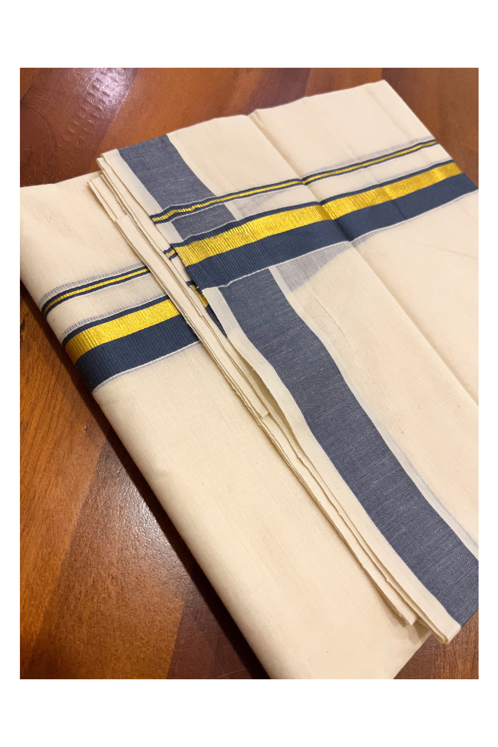 Pure Cotton Mundu with Grey and Kasavu Border (South Indian Kerala Dhoti)