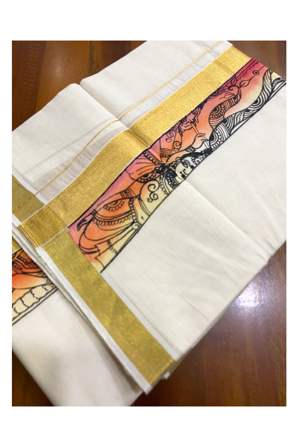 Kerala Pure Cotton Double Mundu with Mural Hand Painted Design on Kasavu Border (South Indian Kerala Dhoti)