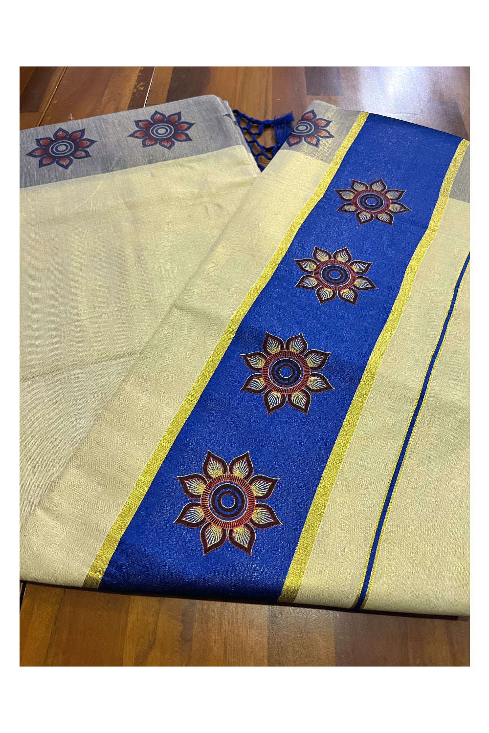 Kerala Tissue Kasavu Saree with Floral Block Prints in Blue Border (Onam 2024 Collection)