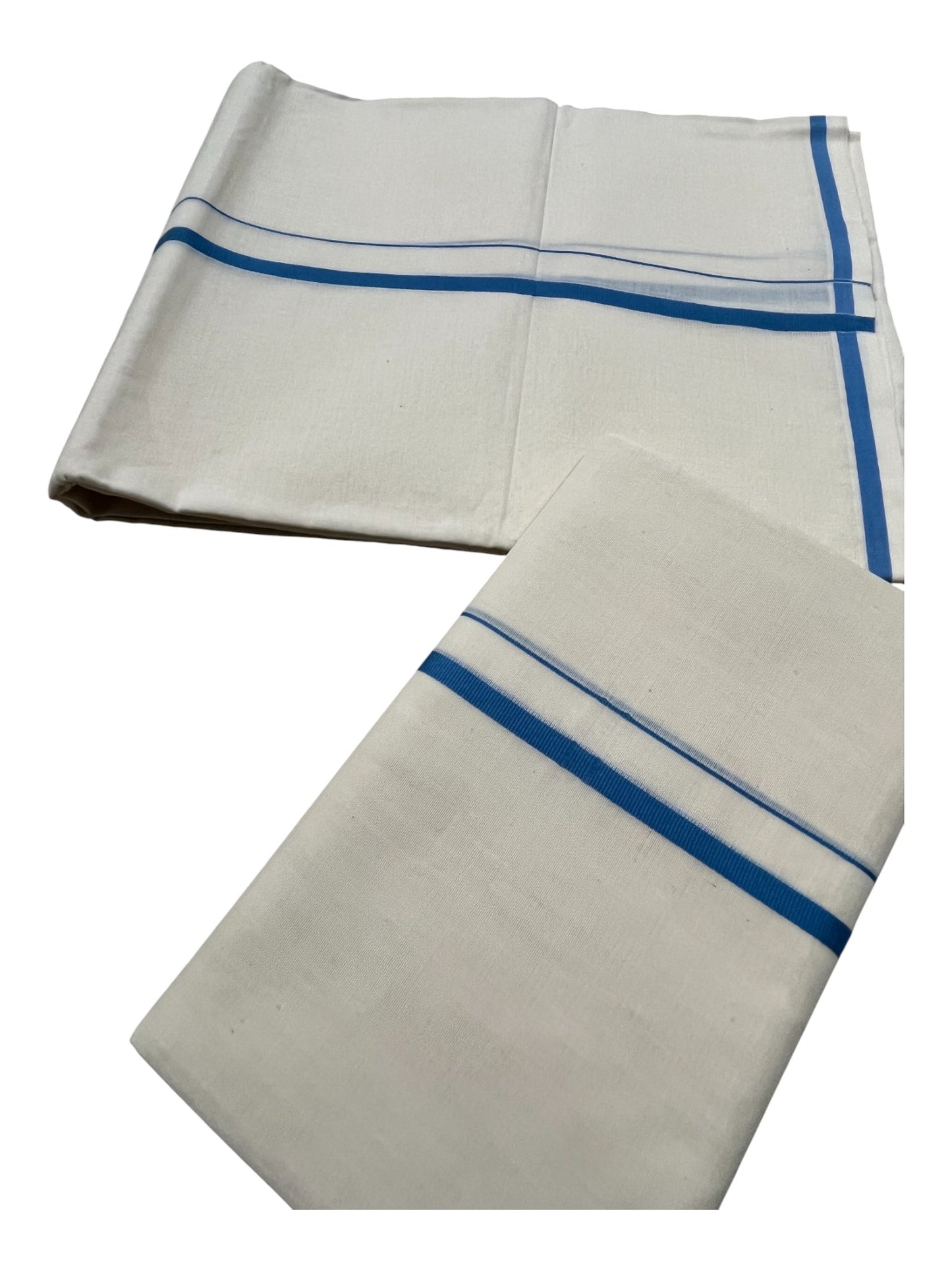 Kerala Cotton Mundum Neriyathum Single (Set Mundu) with Blue Puliyilakkara 2.80Mtrs