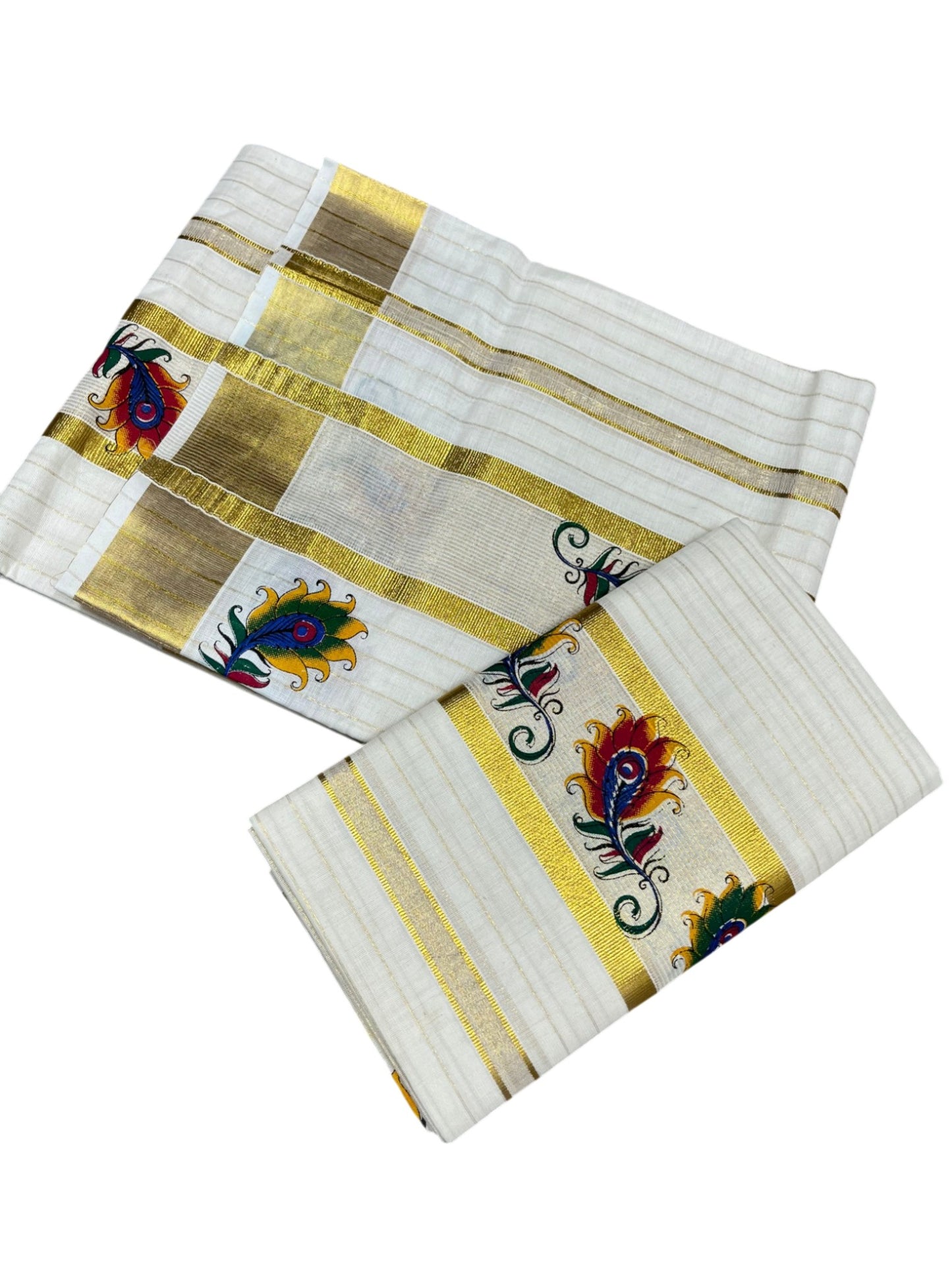 Southloom Cotton Lines Single Set Mundu (Mundu Neriyathum) With Peacock Feather Print And Gold Border Kasavu in 2.80 Mtrs