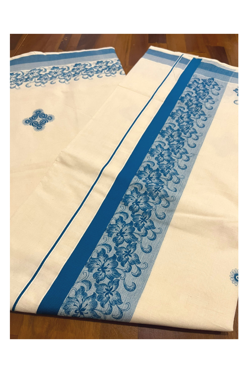 Pure Cotton Off White Kerala Saree with Blue Floral Block Printed Border (Onam Saree 2023)