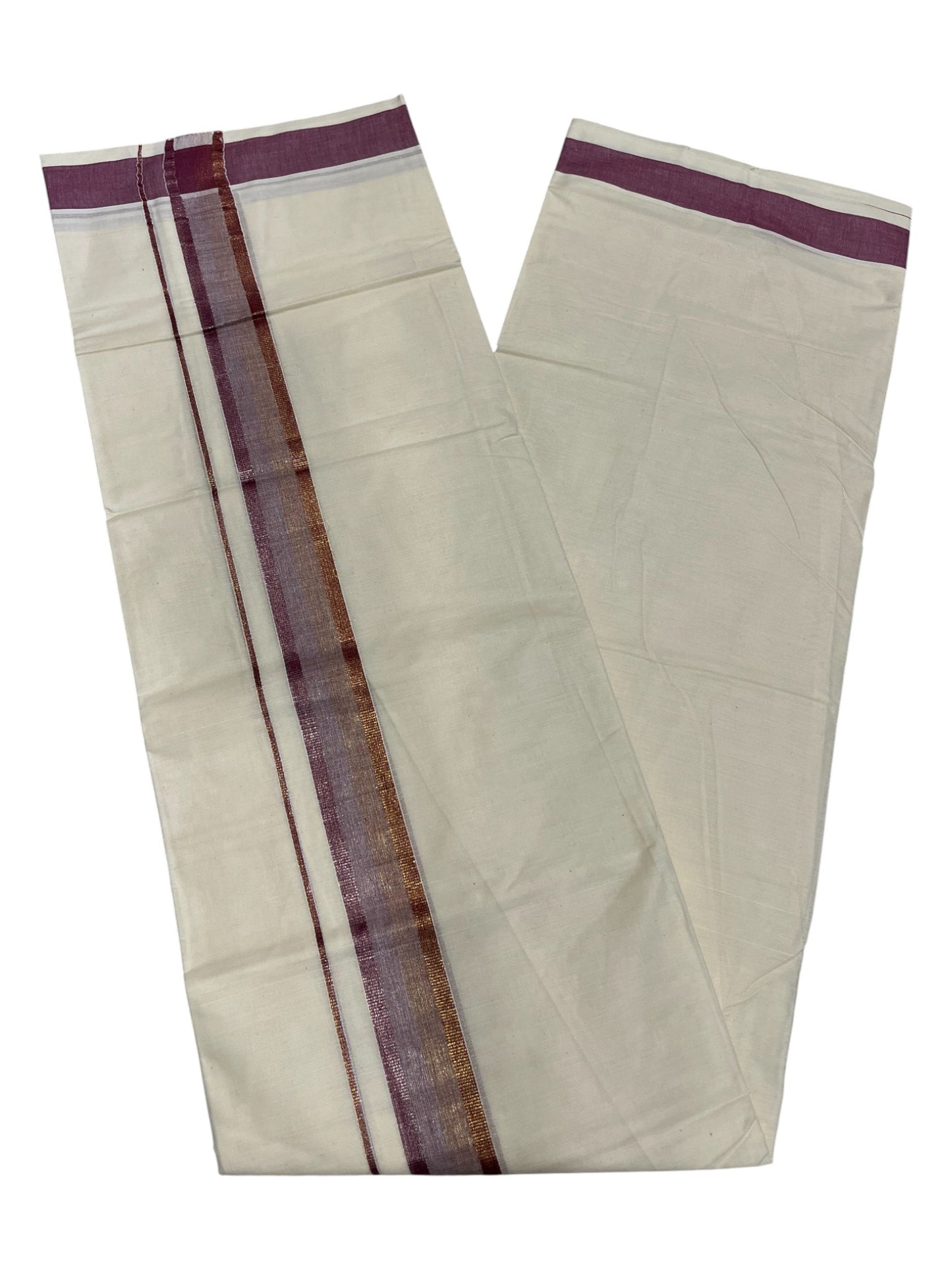Southloom Kerala Pure Cotton Double Mundu with Purple Border (South Indian Dhoti)