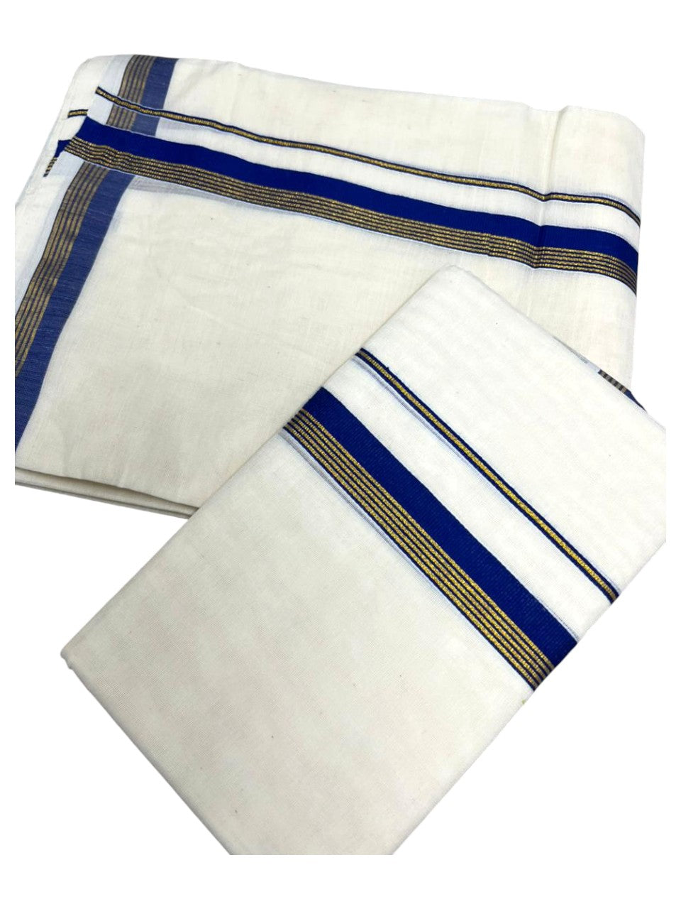 Pure Cotton Kerala Single Set Mundu (Mundum Neriyathum) with Blue Kasavu Border in 2.80 Mtrs